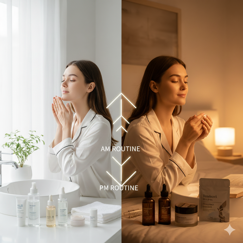 スキンケアの正しい順番、朝と夜のステップ、肌質別ケアのイメージ