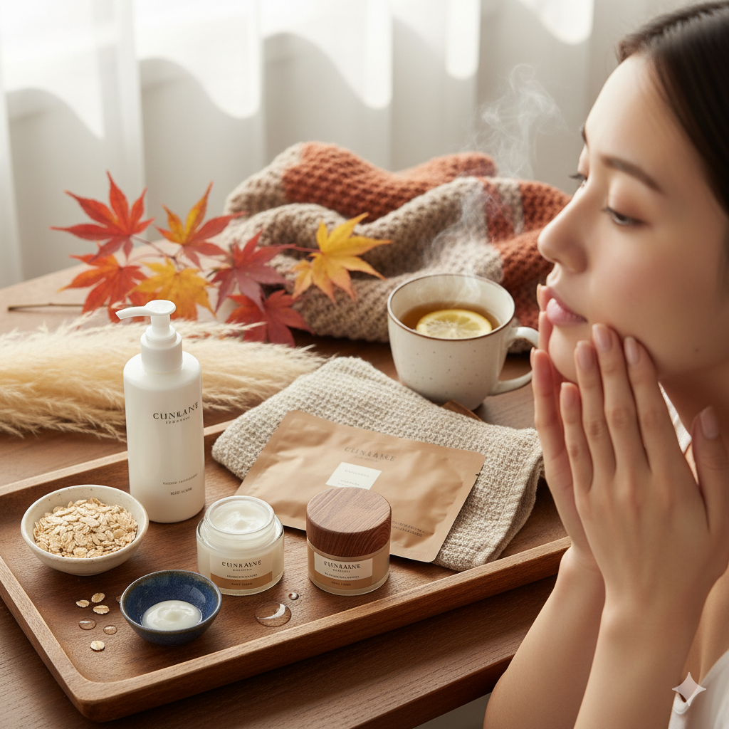 穏やかな光が差し込む部屋で、女性が頬に手を当てて肌の感触を確かめている。テーブルには、秋の紅葉した葉、スチームが立ち上るレモンティー、そしてクリーム、ローション、シートマスクなどのスキンケア製品が木製のトレイに置かれている。温かみのあるニットブランケットも添えられ、秋の乾燥から肌を守る優しいケアの様子が表現されている。